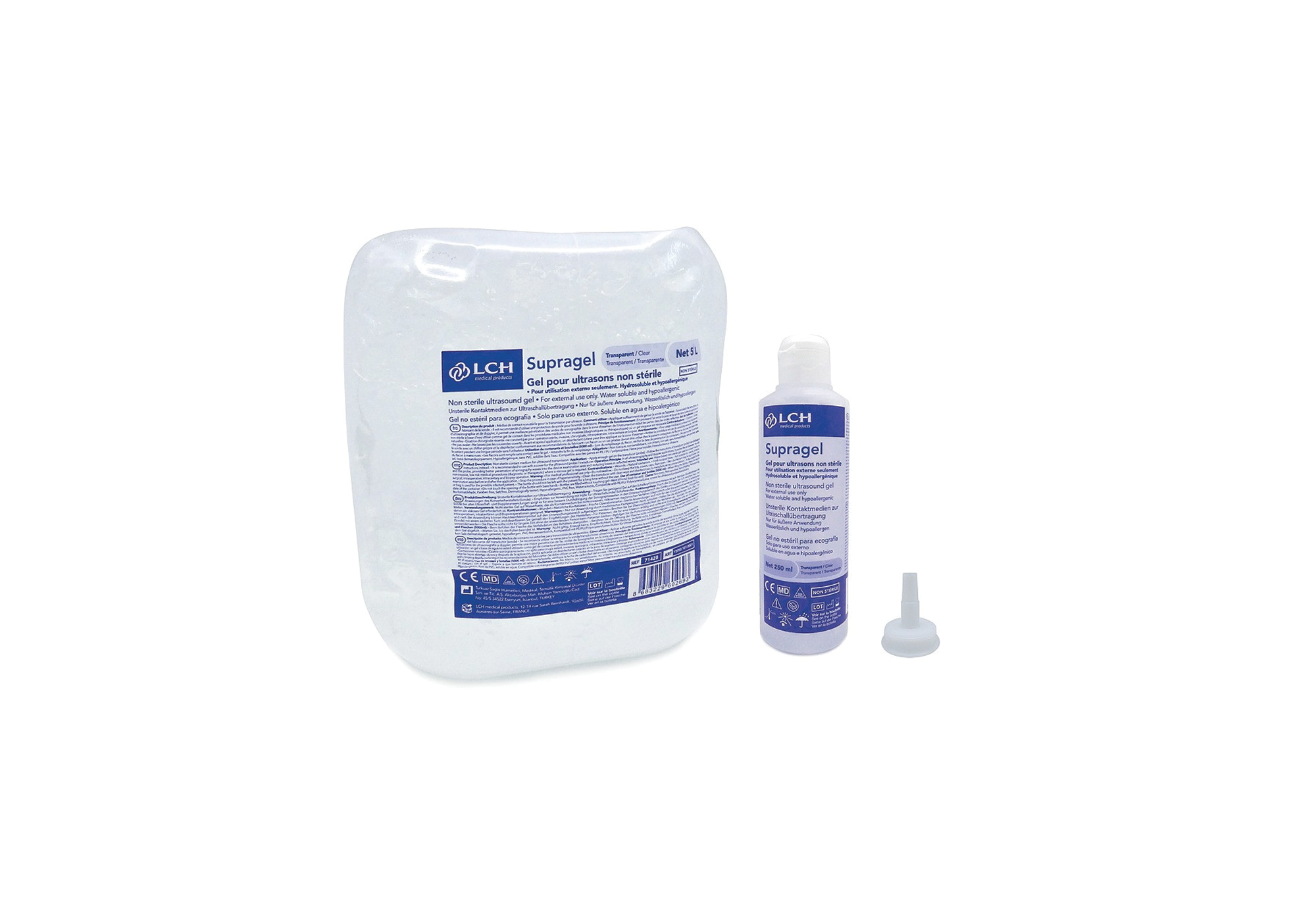 Supragel gel de contact ultrasone LCH cubitainer - non-stérile - 2 x 5L + 2 x bouteilles vide avec pompe 