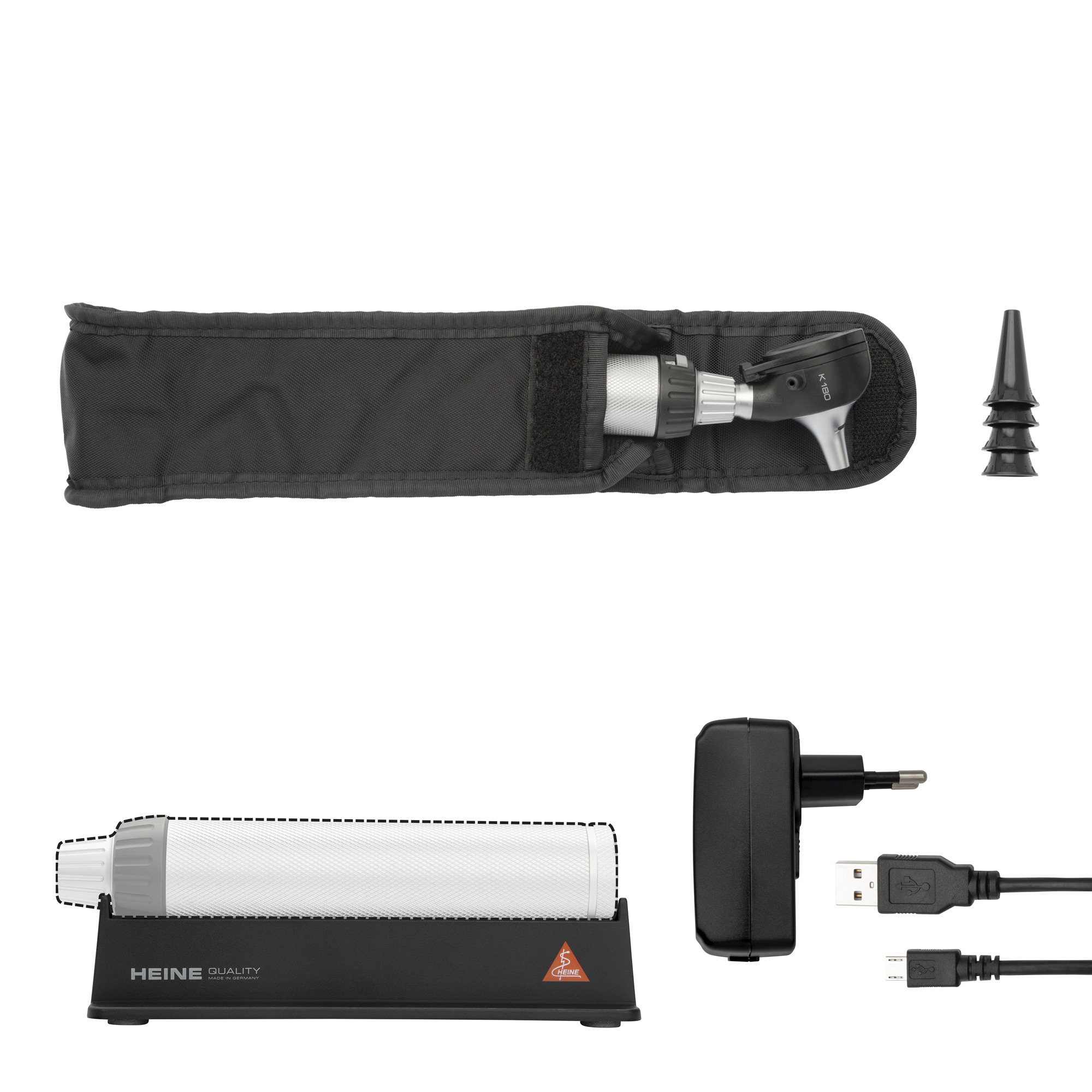 Heine otoscoopset k180 f.o. - usb handvat en zacht etui - 3,5v - halogeen - 1 st