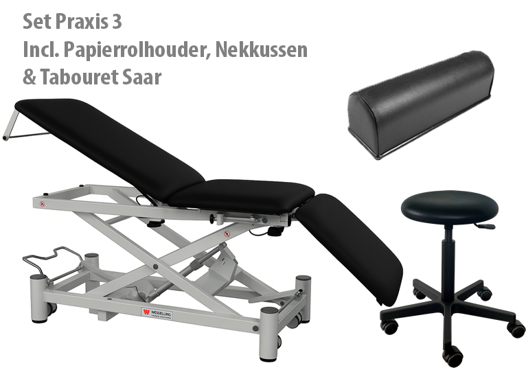 Set Praxis 3 met elektrische rugkleuning - elektrisch met dubbele handschakelaar - incl. Papierrolhouder, Nekkussen, Tabouret Saar - 70 cm - kleur Fresh